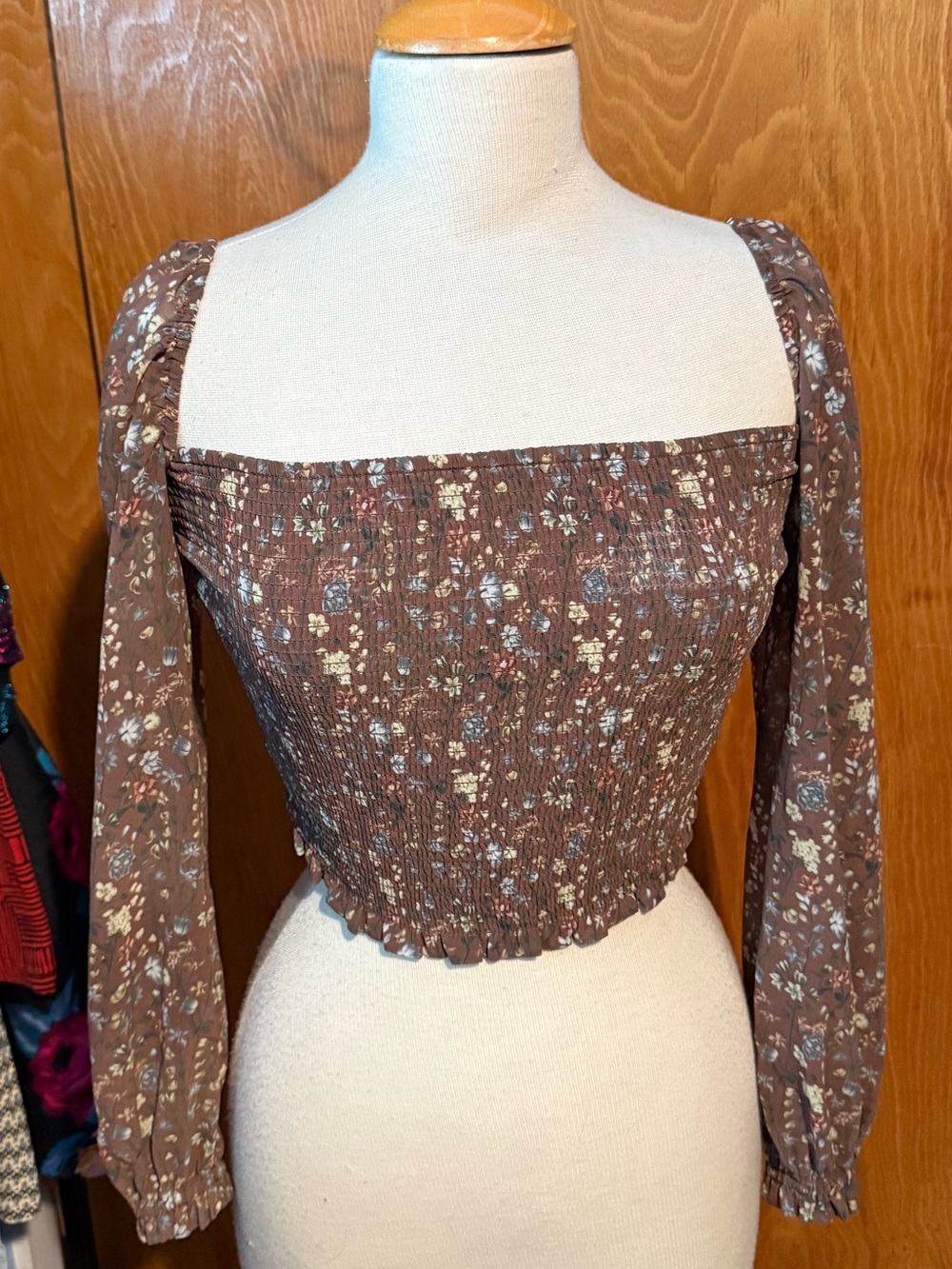 Wilfred Brown Floral Smocked Square-Neck Long Sleeve Top